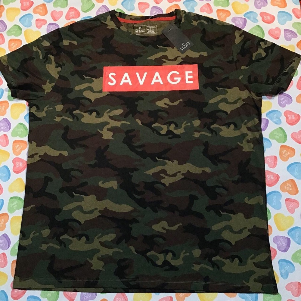 Public Record Men’s Green Camouflage Shirt with Red SAVAGE print in front